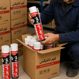چسب اسپری فوم ثنافیکس ۶۰۰ گرم | نمای خارج کردن محصول از کارتن و موجودی انبار