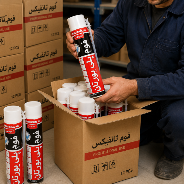 چسب اسپری فوم ثنافیکس ۶۰۰ گرم | نمای خارج کردن محصول از کارتن و موجودی انبار